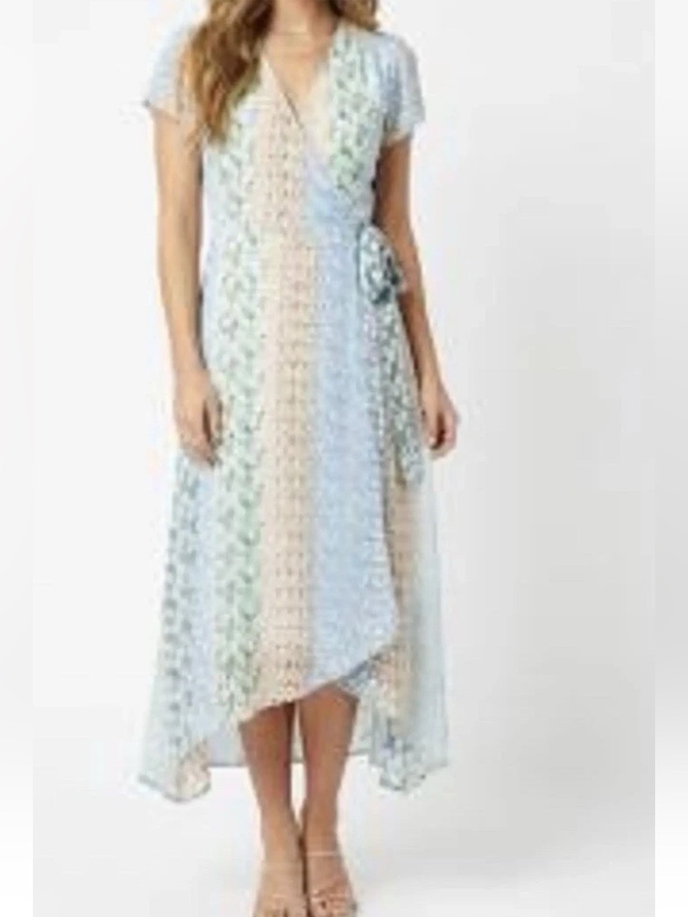 Blue Rain Madonna Mixed Floral Color Block Print Hi Low Maxi Wrap Dress sz Small